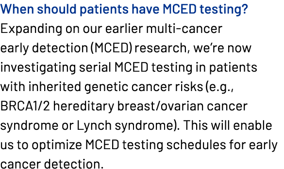 When should patients have MCED testing? Expanding on our earlier multi cancer early detection (MCED) research, we’re ...